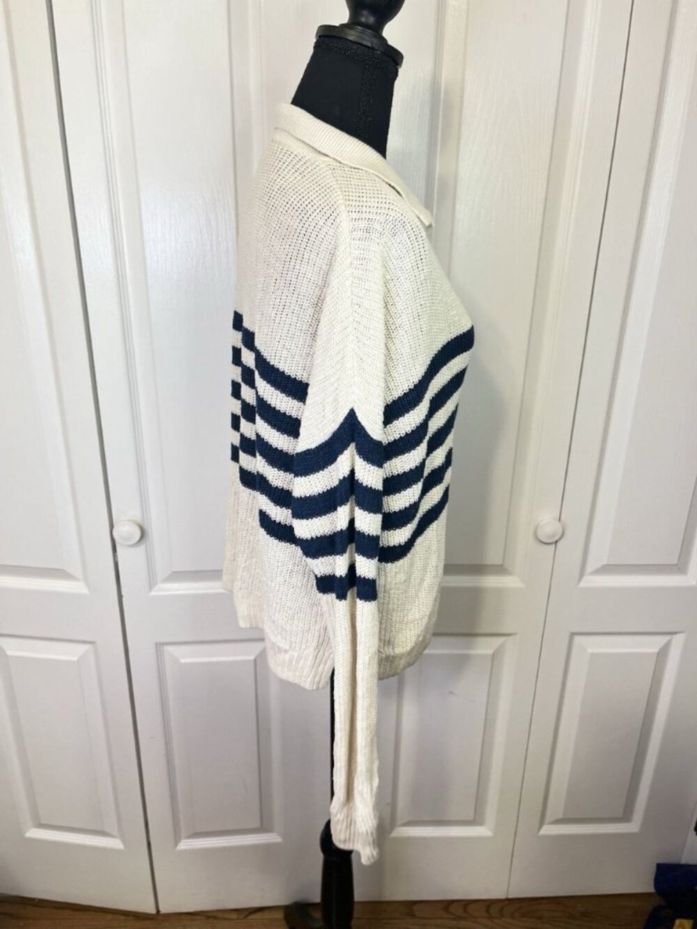 Faherty Mirimar Linen Polo in Ocean Ties Striped Sweater Sz M Navy Cream Collar - Picture 8 of 13